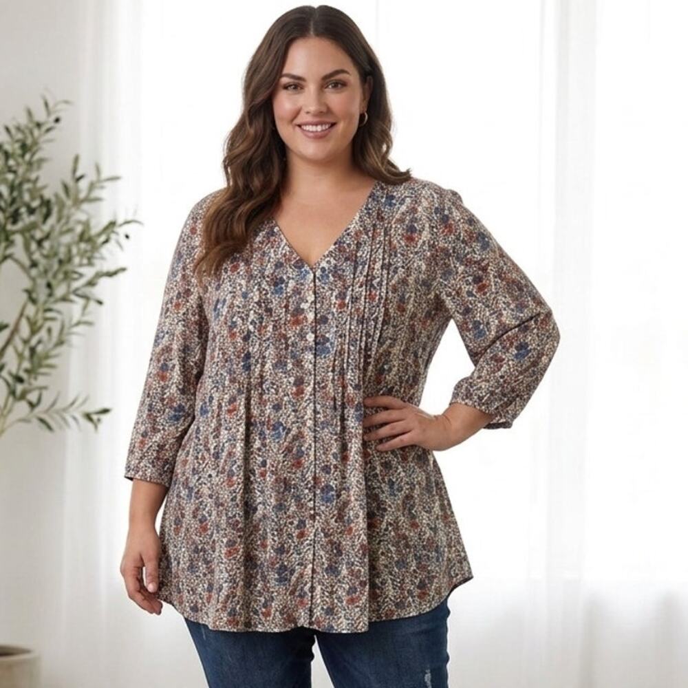 Rose & Olive Cottage Floral Top Womens Size 2X Pintucked Henley V-Neck Blouse